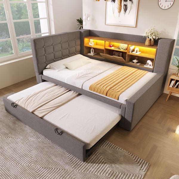 Polsterbett Ausziehbett 90/180×200 cm mit LED, USB-Anschluss und Stauraum, Grau, ohne Matratze