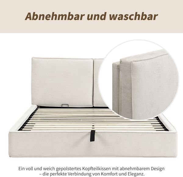 Merax Polsterbett, Doppelbett, 160 x 200cm, hydraulisches Funktionsbett, Bett mit Lattenrost, Kopfteil, gepolstertes Kopfteil, Beige Chenille Bild 8