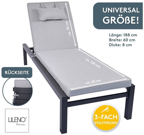 LILENO HOME Liegenauflage mit Kopfkissen perfekt für Strandliege, Sonnenliege Auflage, (1er Set), 1er Set Polster Auflage für Rollliegen in Silber
