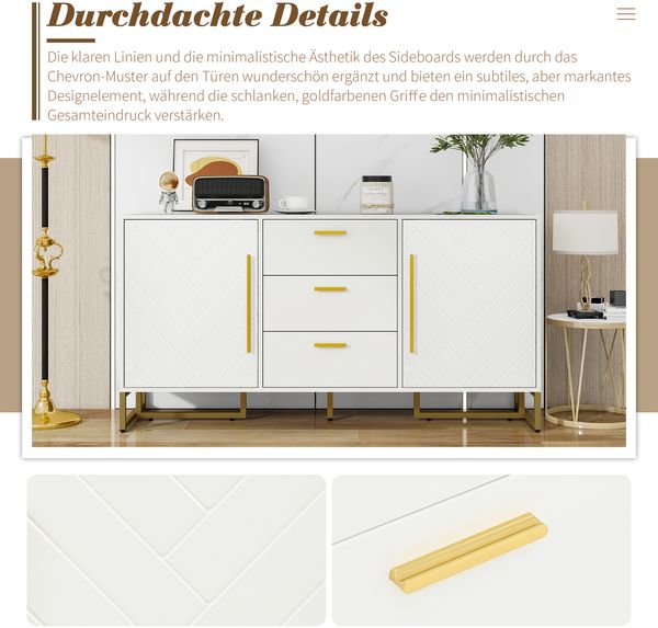 Sideboard in Weiß mit Chevron-Türen, 2 Türen und 3 Schubladen, MDF,75x145x40 cm Bild 7