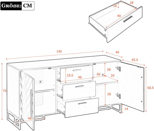 Sideboard in Weiß mit Chevron-Türen, 2 Türen und 3 Schubladen, MDF,75x145x40 cm Bild 5
