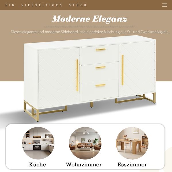 Sideboard in Weiß mit Chevron-Türen, 2 Türen und 3 Schubladen, MDF,75x145x40 cm Bild 6