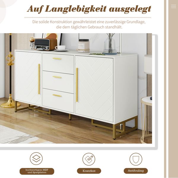 Sideboard in Weiß mit Chevron-Türen, 2 Türen und 3 Schubladen, MDF,75x145x40 cm Bild 9
