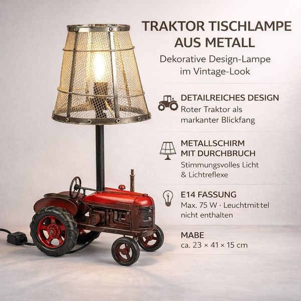 formano Traktor Lampe Metall Tischlampe Design Leuchte rot im Vintage-Look, Deko-Lampe mit Metallschirm, E14 Fassung, 41 cm – für Wohnzimmer, Büro & Geschenkidee
