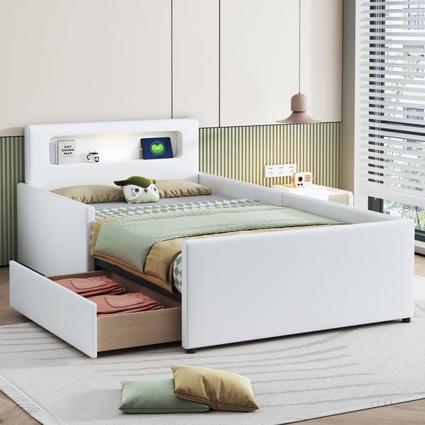 Polsterbett Kinderbett 90*200 cm, Mit Nachtlicht und USB-Ladeanschluss, Mit Ablagefächern, Erhöhte Seitenteile zur Sicherheit, Einfaches Einzelbett, Jungen- und Mädchenbett, Kunstlederstoff, Weiß
