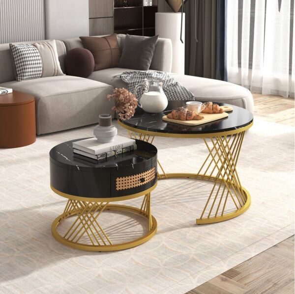 Furnishings Home Couchtisch Runder Kaffeetisch 2 in 1 Beistelltisch Satztische 2er Set (2tlg), Mit Schublade, Marmormuster, 70 x 70 x 45,5 + 50 x 50 x 38,5 cm