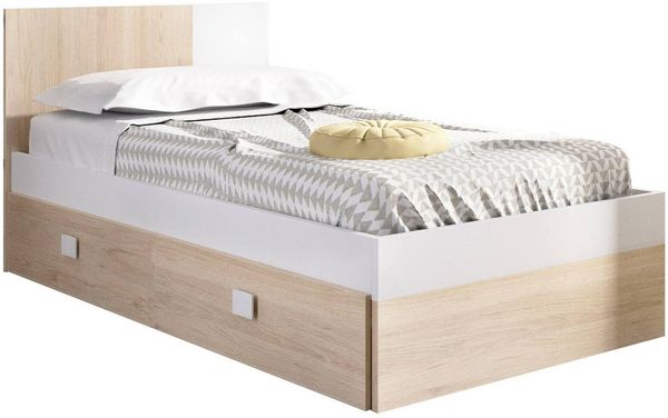 Dmora Kinderbett Villongo, Kinderbett für Schlafzimmer, Einzelbett mit Kommoden, Struktur mit ausziehbarem Bett, 97x196 h79 cm, Weiß und Eiche
