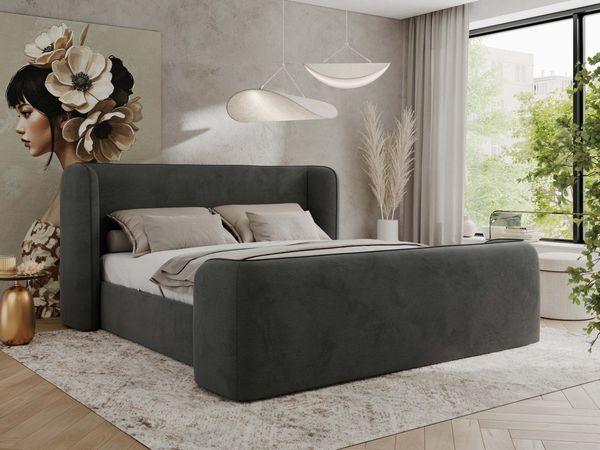 Polsterbett mit Lattenrost, Doppelbett für Schlafzimmer, Gepolstertes Kopfteil - EMORA CLASSIC DUO - 200 x 200 cm - Dunkelgrau Velours