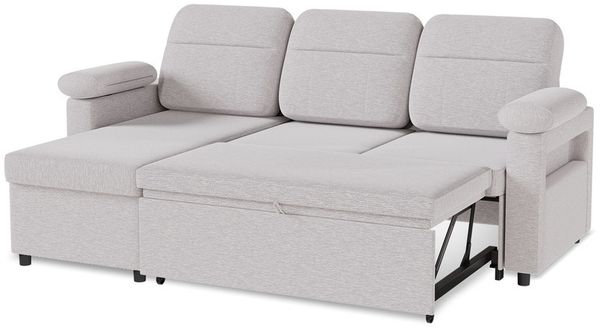 HOMAVO Ecksofa mit Schlaffunktion, Stauraum und Getränke-/Handyhalter, beidseitig montierbar, L-förmig, Leinenstoff, 90×203×143 cm, Hellgrau