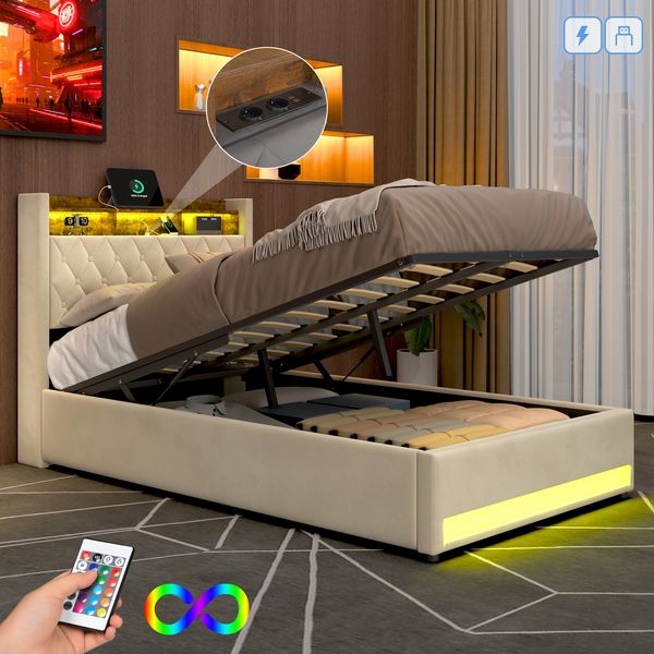 Polsterbett 140×200 cm mit Bettkasten, LED-Beleuchtung und USB-Anschluss, Beige