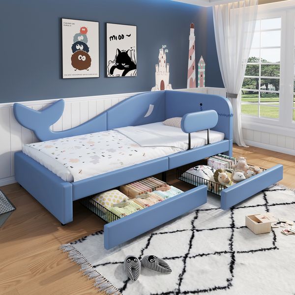 Ausziehbett 90x200 cm, Walform-Schlafsofa mit 2 Schubladen, PU, blau