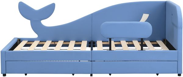Ausziehbett 90x200 cm, Walform-Schlafsofa mit 2 Schubladen, PU, blau Bild 10