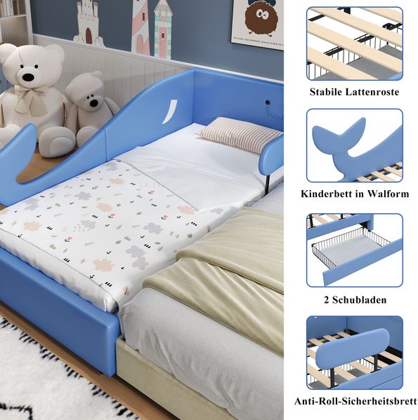 Ausziehbett 90x200 cm, Walform-Schlafsofa mit 2 Schubladen, PU, blau Bild 8
