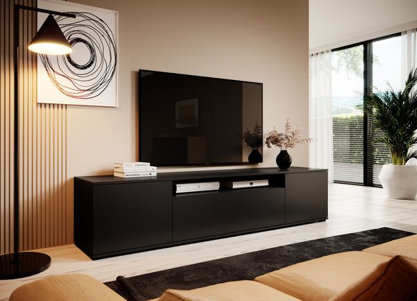 TV-Schrank 180 cm, Fernsehschrank, TV-Schrank, Schwarz Matt, Push-to-Open System, modernes Design, Masimo, 42 x 40 x 180 cm