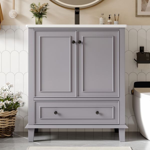 Badezimmerschrank Grau mit Keramikbecken, 76x46x87 cm