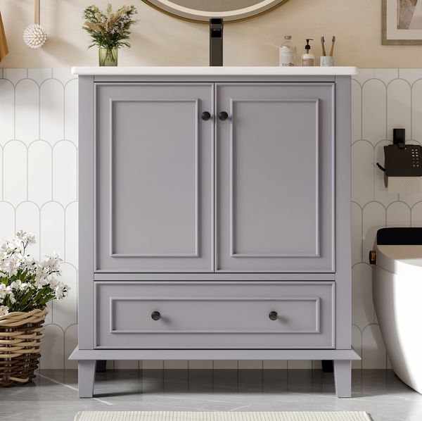 Badezimmerschrank Grau mit Keramikbecken, 76x46x87 cm