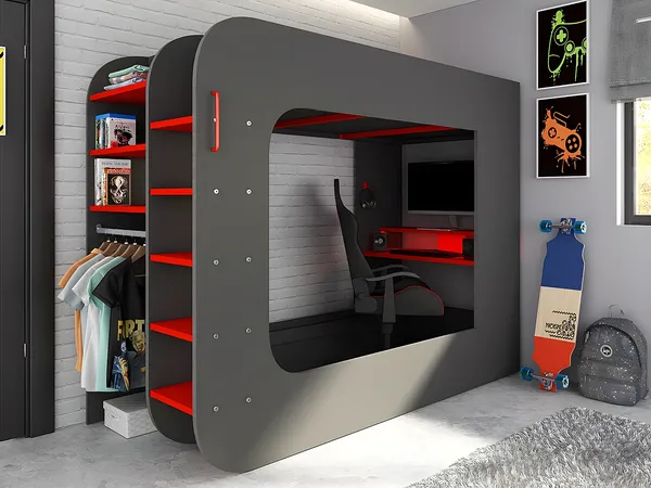 Vente-unique - WARRIOR Bett Holz, Platte Grau - B 97,6 cm x H 183,6 cm x L 238,1 cm