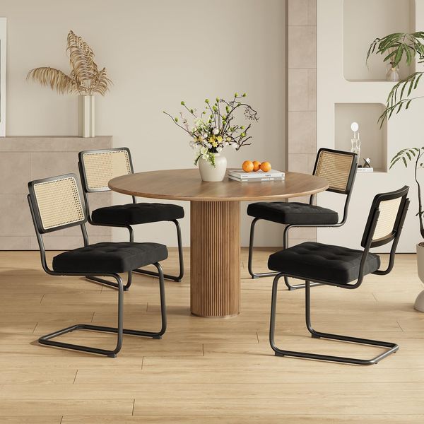 COLAMY Rattan Esstischstühle 4er Set, Samtbezug mit Metallgestell, Schwarz
