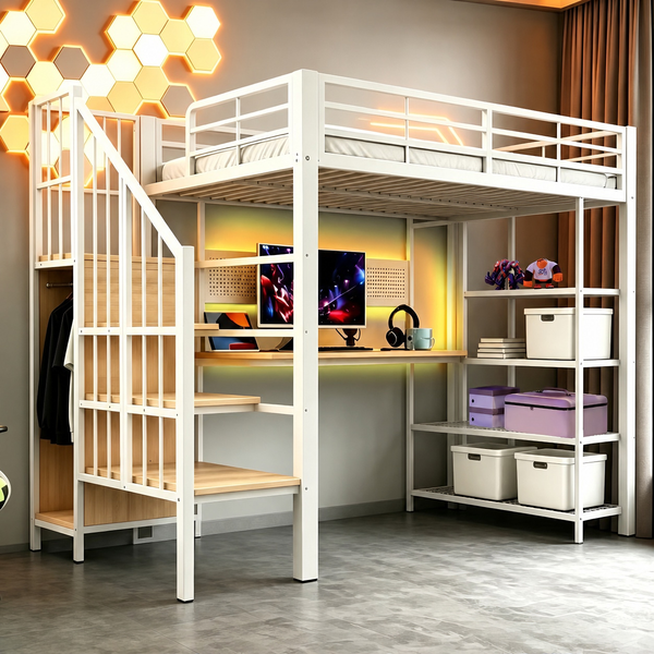 Eisen-Hochbett 90 × 200 cm, Langer Schreibtisch Und Lange Lochwand, Mit Euro-Steckdosen Und LED-Lichtleiste, Mehrstöckige Ablagefächer, Hohe Umzäunung,Weiß