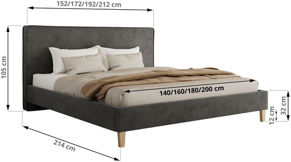 Design Polsterbett LUMARO CLASSIC 200 x 200 cm mit Lattenrost & 12cm hohen Füßen, Doppelbett mit Kopfteil, Konfigurierbar, Pocket Matratze - Dunkelgrau Velvet - VIRE LUX Bild 4