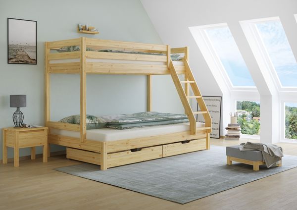 Doppel-Etagenbett 120x200 und 80x200 Erwachsenen-Stockbett Kiefer Massivholz natur V-60.18-08-12Rollrost und Doppelbettkasten inkl.