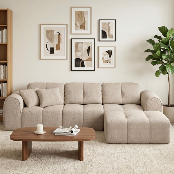 skølm 'Vanaheim' Sofa 3 Sitzer mit Hocker & 2 Kissen, Cloud Sofa beige, Vollschaumcouch mit Federkern und Vakuum-Kompression, kein Aufbau erforderlich