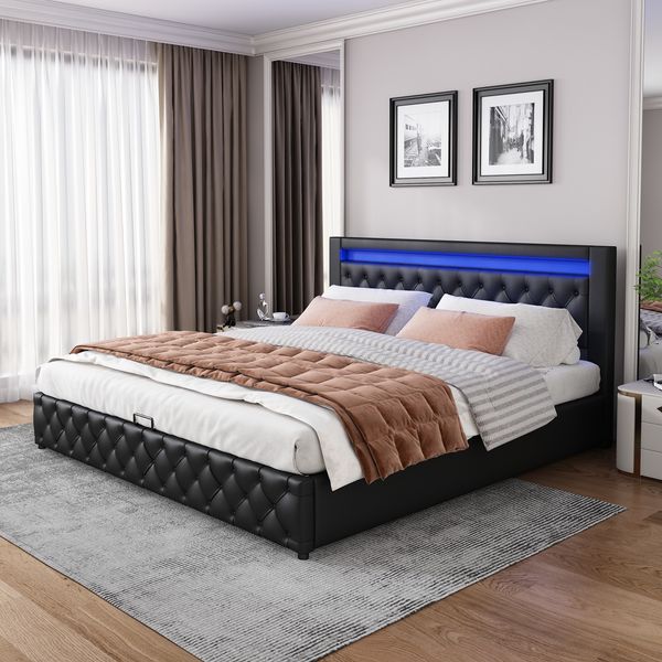 Polsterbett 140 x 200 cm, Funktionsbett mit Lattenrost und Stauraum, mit LED-Beleuchtung, mit Funktion von Aufbewahrung, schwarz, PU