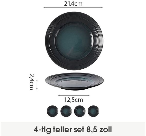 JIWOO Teller 4er Ø21,4cm, Salatteller Frühstücksteller Pastateller Dessertteller, (4 St), Keramik Hochwertiges Tellerset Schwarz Mikrowellen spülmaschinenfest