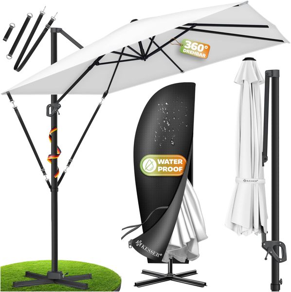 KESSER® Sonnenschirm Ampelschirm SUN XL 300 x 300 cm Inkl. Abdeckung +Windsicherung Drehbar Neigbar Kippbar Marktschirm Groß 360° Rotation, Gartenschirm mit Kurbel Sonnenschutz UV50+ Weiß, Ohne LED