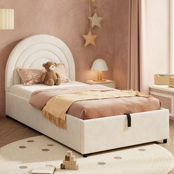 Polsterbett 90×200 cm aus Samt-Stoff mit hydraulischem Stauraum, beige