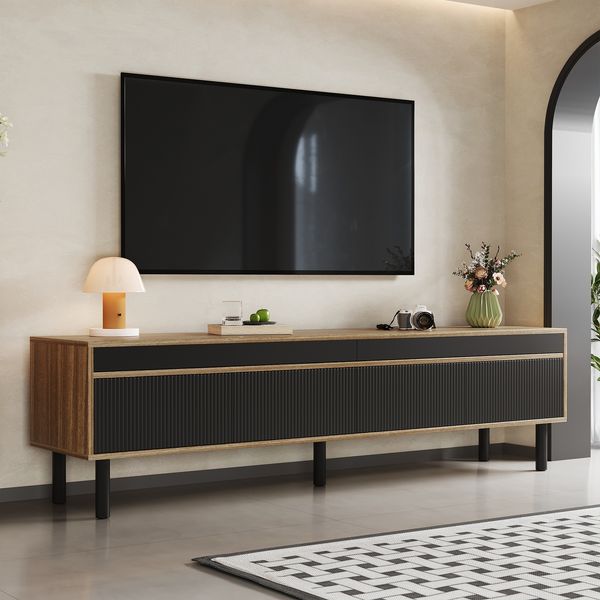 TV-Schrank 170 x 38 x 47 cm mit 4 Türen, Schwarz/Natur, pflegeleichte Streifenoptik