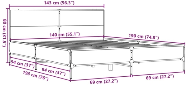 vidaXL Bettgestell Grau Sonoma 140x190 cm Holzwerkstoff und Metall 3280035 Bild 8