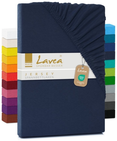 Jersey Spannbettlaken, Spannbetttuch, Lavea Serie Maya, 200x220 cm für Boxspring- und Wasserbetten, Galaxyblau, 100% Baumwolle, hochwertige Verarbeitung, mit Gummizug