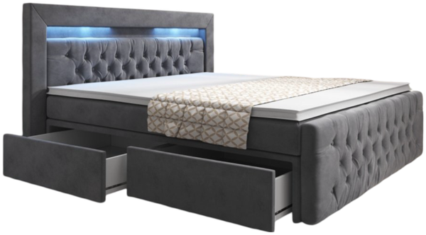 Boxspringbett Menzogna mit LED und Stauraum (2 Schubladen) 120x200 Grau H4 (100kg+)