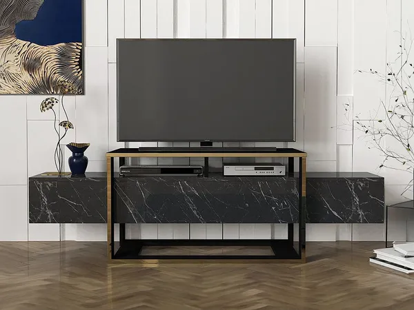 Vente-unique - COMEBI TV unit Holz, Platte Schwarz - B 46,1 cm x H 49,8 cm x L 160 cm