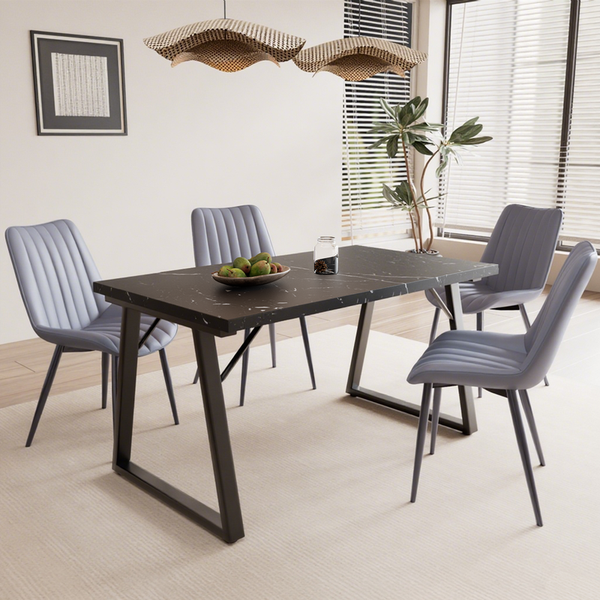 HOMAVO 5-Teiliges Esszimmerstühle, Metall & MDF Esstisch 140x75x80cm (Schwarz), 4er-Set Stuhl (Kunstleder Dunkelgrau)