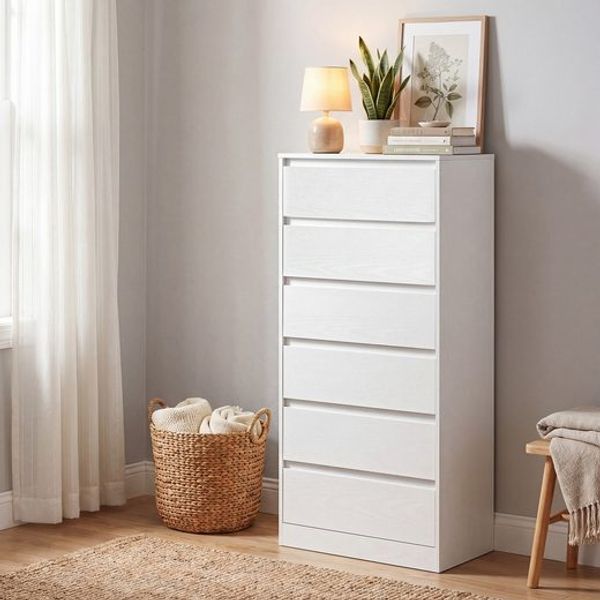 VASAGLE Kommode, Aufbewahrungsschrank, mit 6 Schubladen, für Schlafzimmer, 30 x 48 x 111,2 cm, modern, weiß