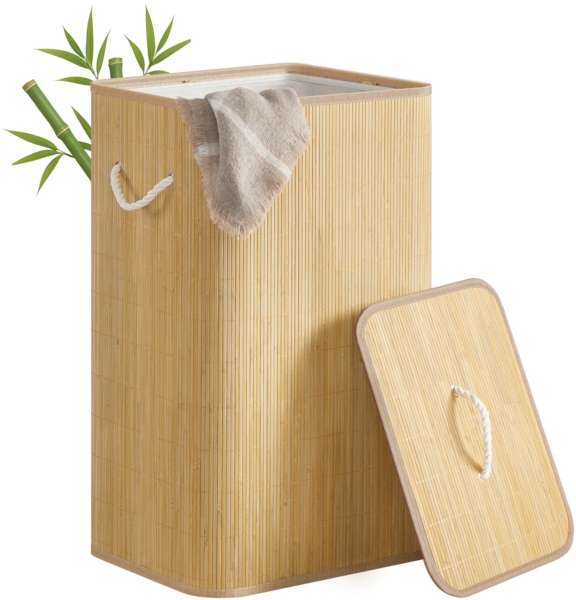 SONGMICS Wäschekorb mit Deckel, 90 L, Wäschesammler Bambus, rechteckig, faltbar, naturfarben