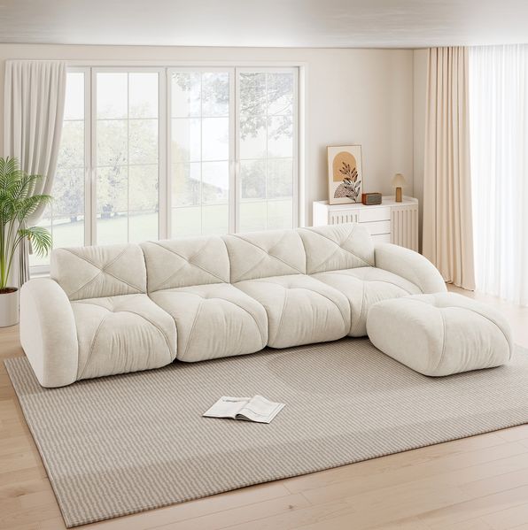 Modulares Sofa aus Chenille, 4-Sitzer mit Hocker, 358 x 171 x 76 cm, hellbeige