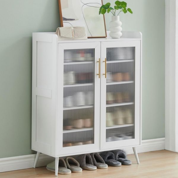 GarveeHome 5-Stöckiger Schuhschrank Mit Geriffelten Glastüren, Flurschrank Mit Verstellbaren Einlegeböden Und Metallgriffen, Für Flur Und Wohnzimmer, 79 x 35 x 103 cm