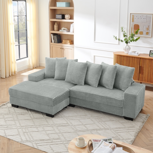 Ecksofa L Form Cord Stoff wechselbare Chaiselongue Grau 256 cm mit 6 Kissen