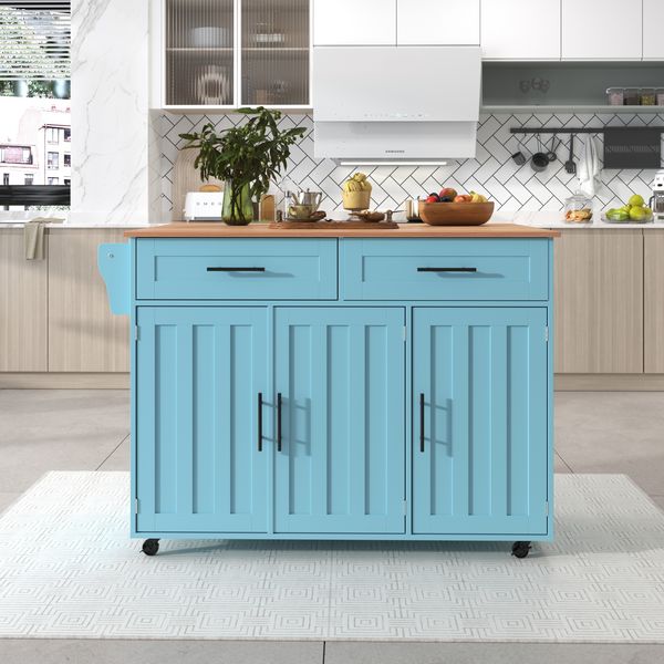 Multifunktionaler Speisewagen Sideboard 129x71x91,5 cm mit faltbarer Platte, blau, Massivholzoptik, Räder & Füße