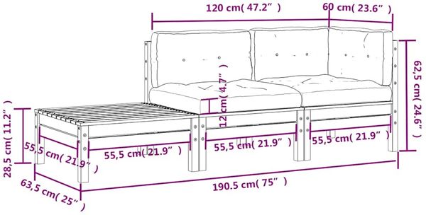 3-tlg. Garten-Lounge-Set | Gartenmöbel-Set mit Kissen Weiß Kiefer Massivholz Bild 7