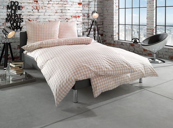 Bettwaesche-mit-Stil 'Oslo' Bettwäsche, Mako-Batist, Beige, 240x220 cm + 2x 80x80 cm, Karo