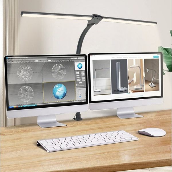 MUPOO LED Tischleuchte Doppelkopf Schreibtischlampe LED Dimmbar,24W 80CM/105CM, Klemmleuchte, 5 Farbe-5 Helligkeit