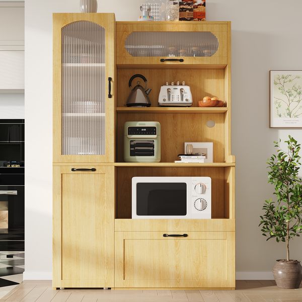 Highboard mit verstellbaren Regalböden und Schubladen, Küchenschrank mit ausziehbaren Regalböden und Riffelglas , Ideal für Esszimmer, Wohnzimmer und Küche (Natur)