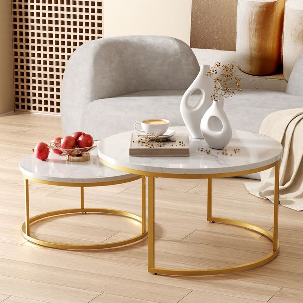 2er-Set Couchtisch aus MDF mit Metallgestell & Marmoroptik, nestbar, 80x45 cm + 60x33,5 cm