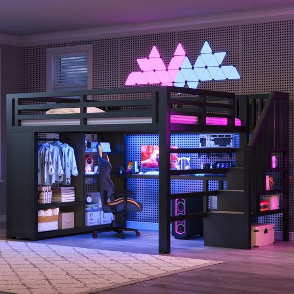 Merax Kinderbett, 160x200 cm Gaming-Hochbett aus Metall mit LED-Beleuchtung, USB, Schreibtisch, offenem Kleiderschrank, Treppe und Staufächern, Schwarz