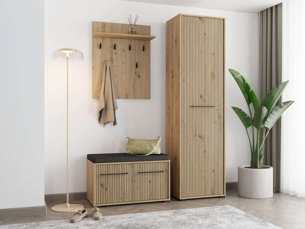 INOSIGN Garderoben-Set Landes Flurmöbel, Dielenmöbel, Flurschrank, Flurgarderobe Br= 134,5 cm, (Komplett-Set, 3-St), Front Artisan Eiche mit dekorativen schwarzen Streifen