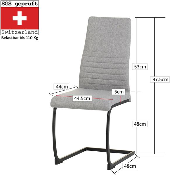 ALBATROS Freischwinger Stuhl TURANO 4er Set, Grau - Esszimmerstuhl Schwingstuhl mit Modernem Design, Stoff-Bezug, Dicke Polsterung - Küchenstuhl, Polster-Stuhl Esszimmer, Esstisch Stuhl Bild 3
